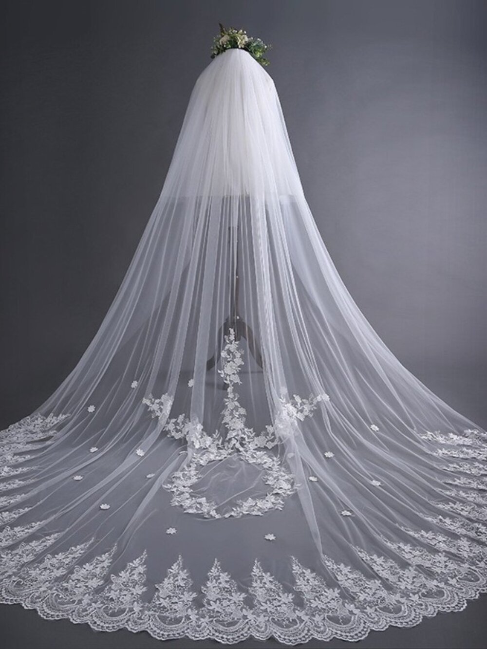 2 Tier Cathedral Wedding Veil Floral Lace Edge with Blusher Comb